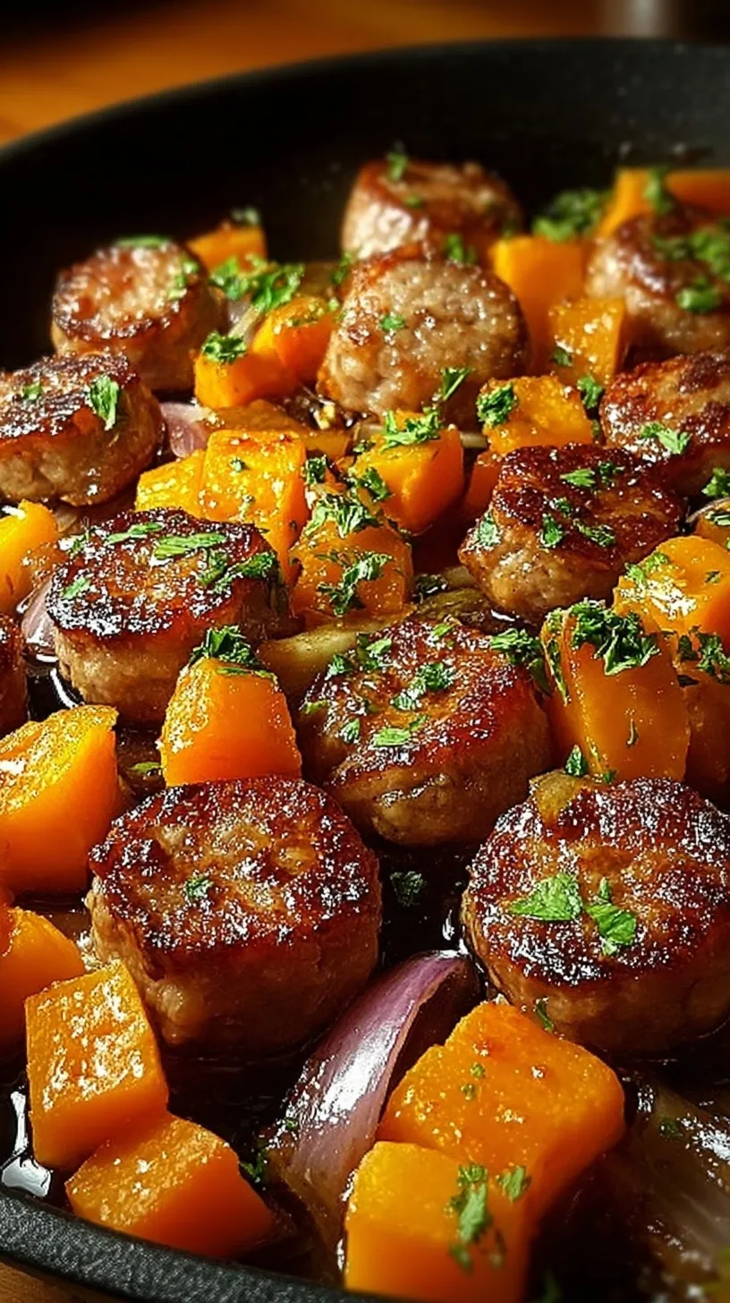 A sheet pan filled with roasted smoked sausage rounds and caramelized sweet potato cubes in a honey garlic sauce.