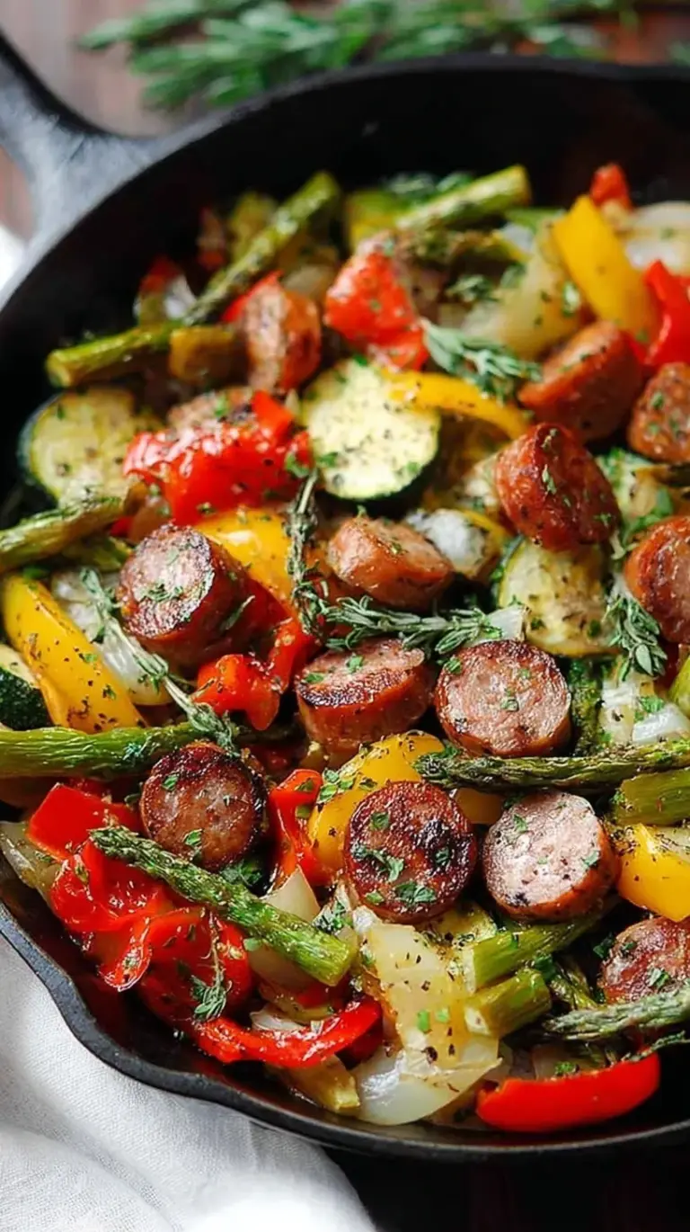 Colorful sausage and veggies skillet with zucchini and peppers