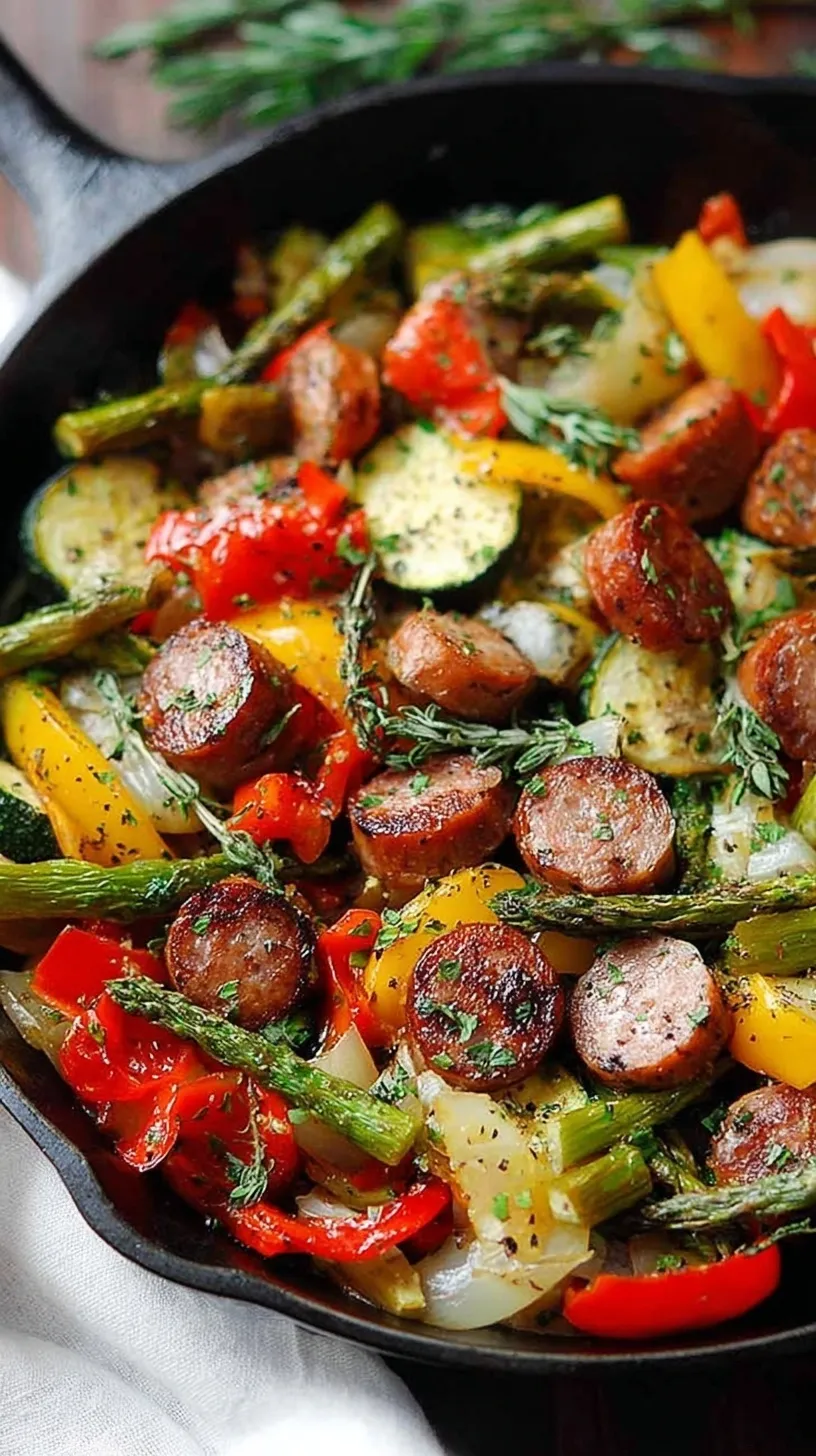 Colorful sausage and veggies skillet with zucchini and peppers