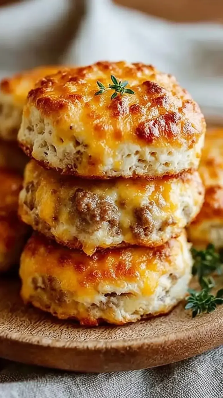 Golden brown sausage and cheese biscuits baking in a pool of melted butter in a square pan.