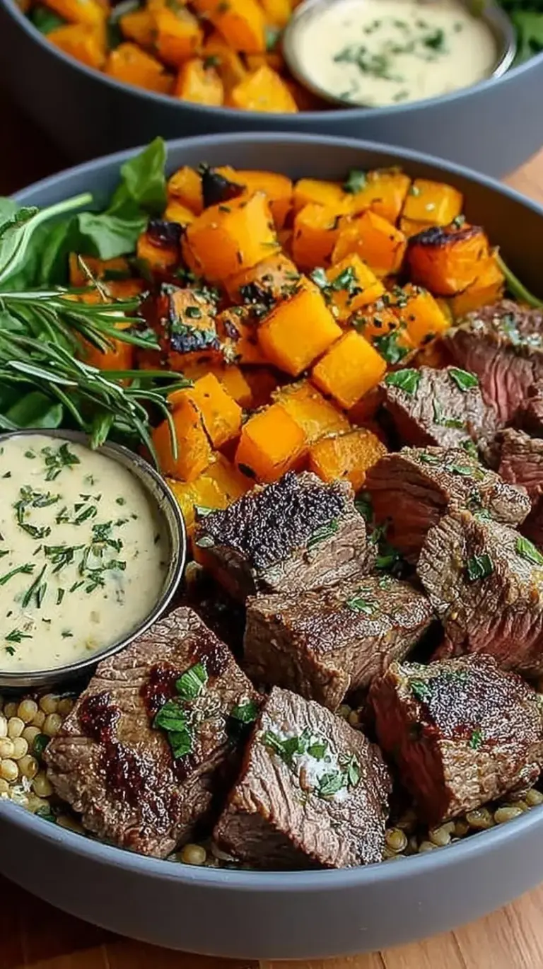 A colorful bowl featuring roasted butternut squash, seared steak cubes with herbs, and fresh spinach over quinoa.