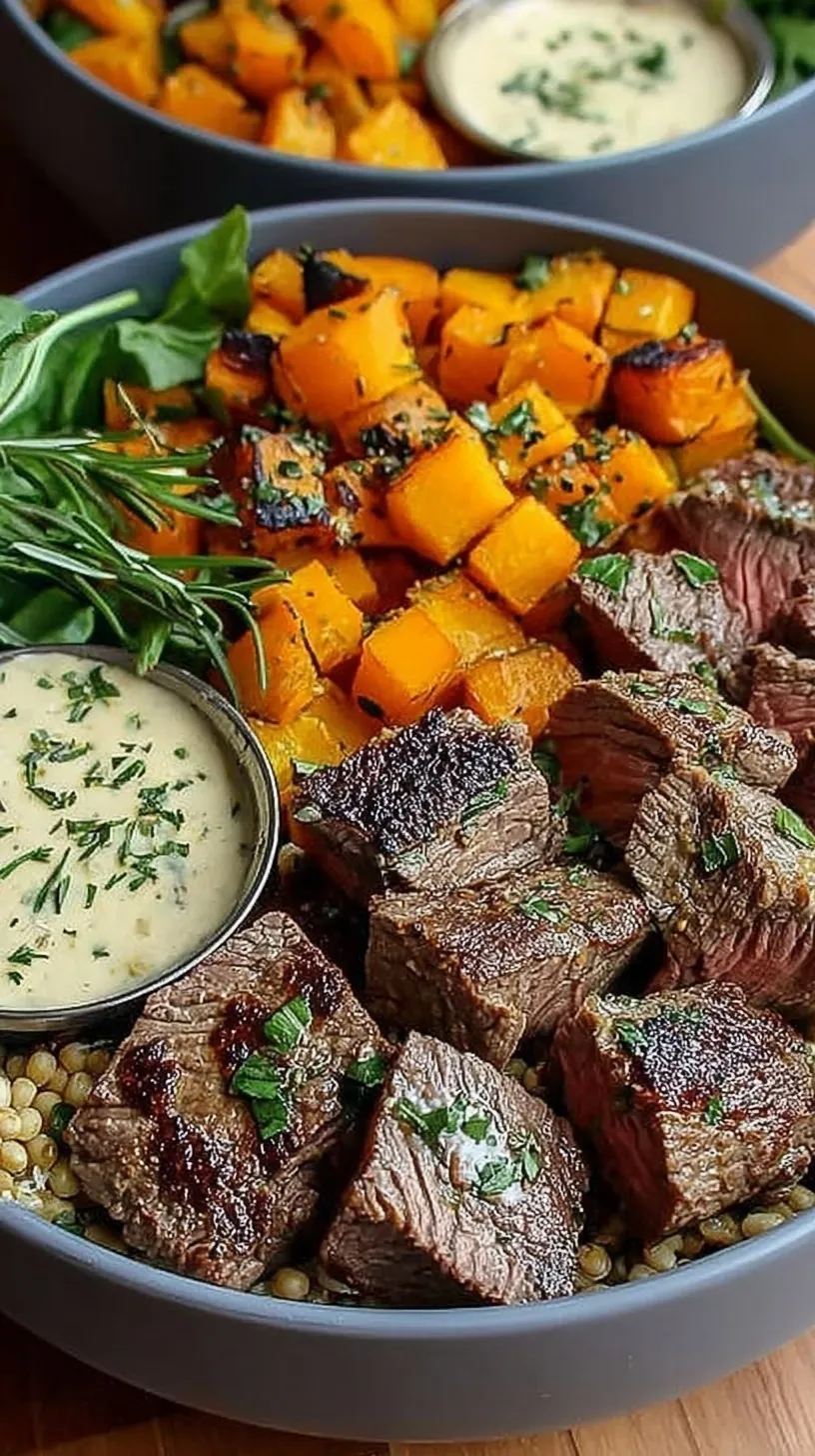 A colorful bowl featuring roasted butternut squash, seared steak cubes with herbs, and fresh spinach over quinoa.