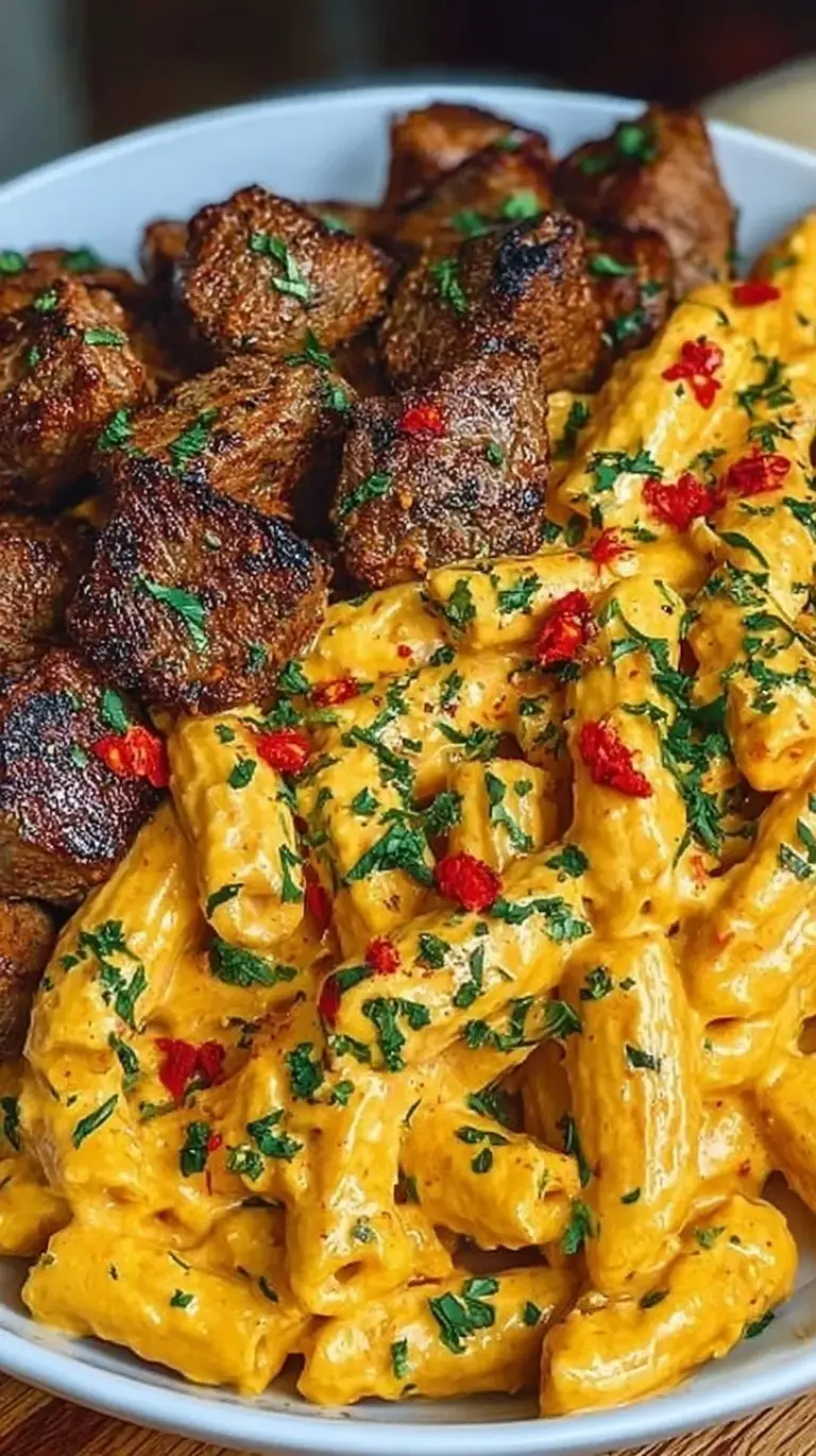 A bowl of Cajun steak tips and penne pasta in a creamy white sauce garnished with parsley.