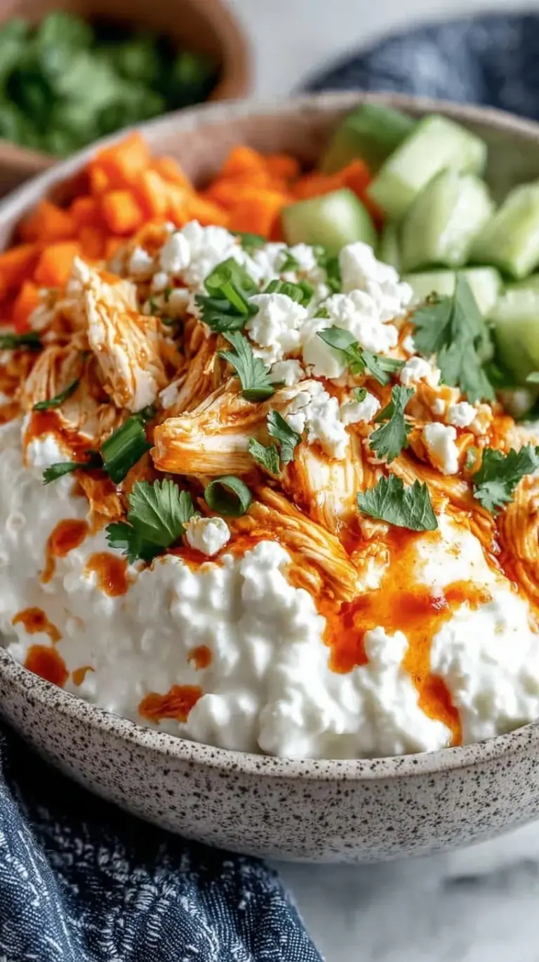 A white bowl filled with creamy cottage cheese topped with cucumbers, tomatoes, avocado, and everything bagel seasoning.