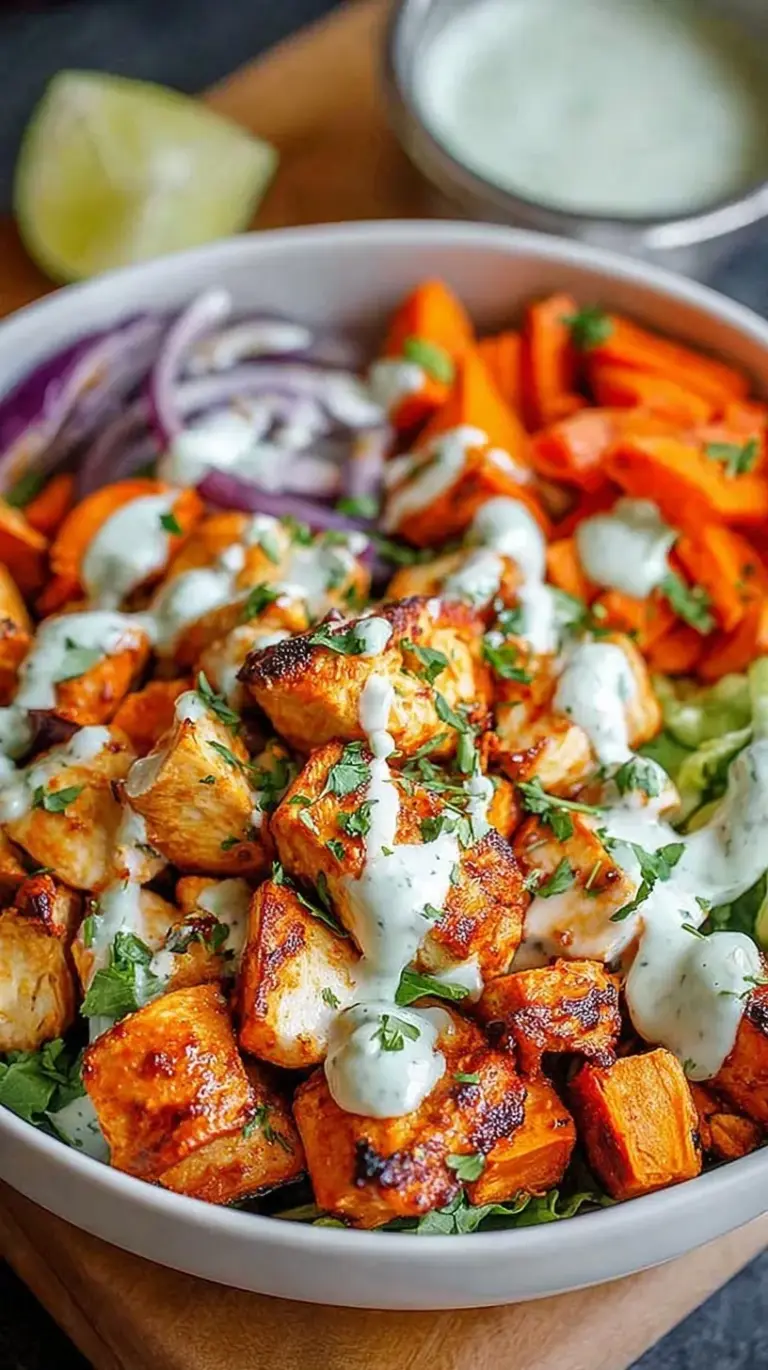 A colorful sheet pan filled with roasted buffalo chicken cubes and golden sweet potatoes over fresh greens.