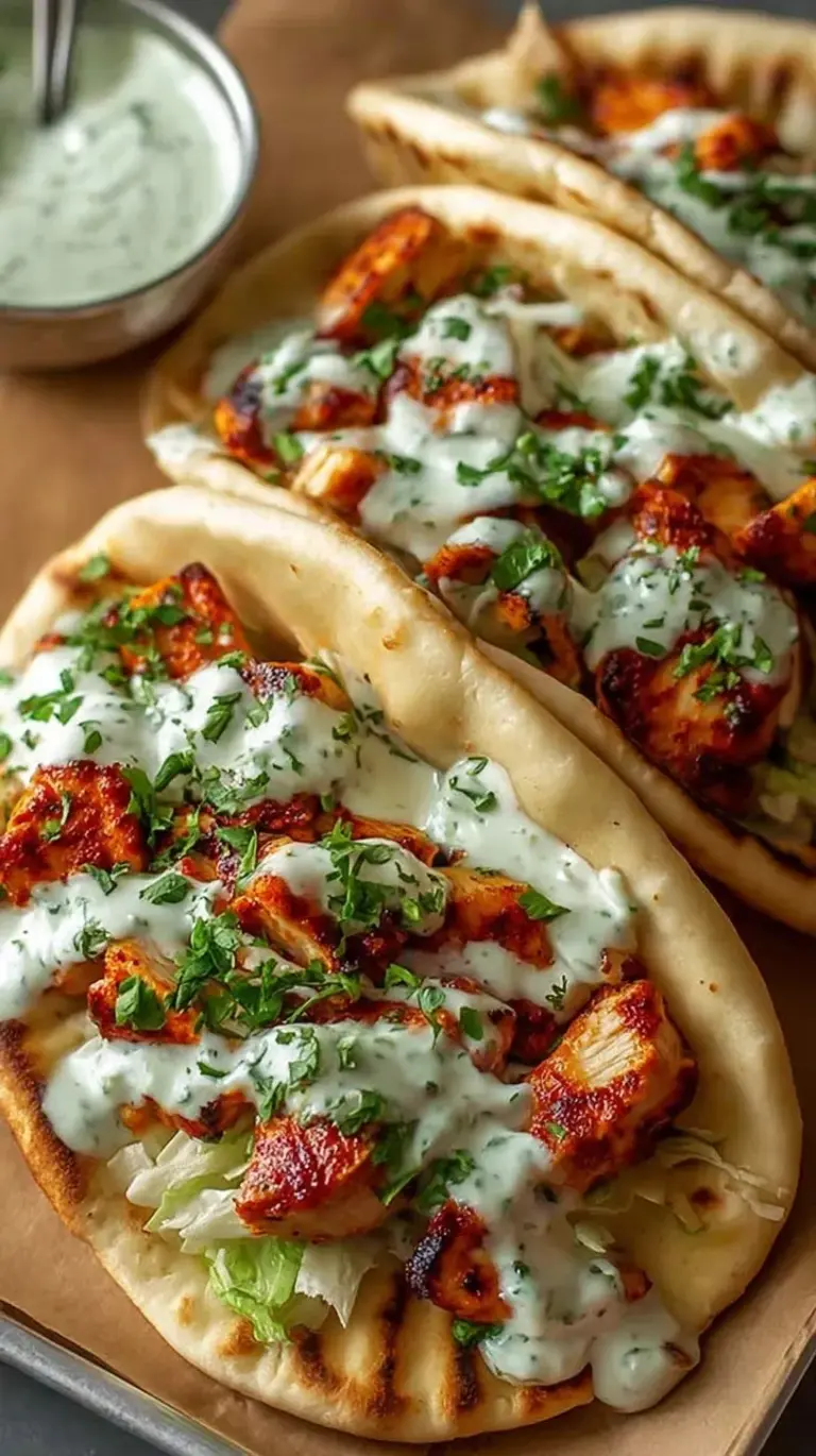 Golden roasted chicken strips and colorful bell peppers on a sheet pan next to warm pita bread and a bowl of green herby ranch sauce.