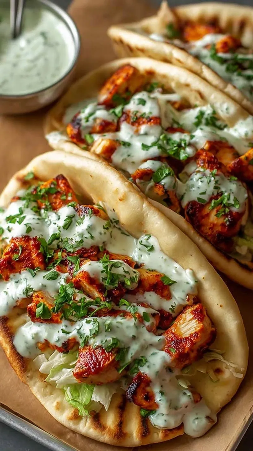 Golden roasted chicken strips and colorful bell peppers on a sheet pan next to warm pita bread and a bowl of green herby ranch sauce.