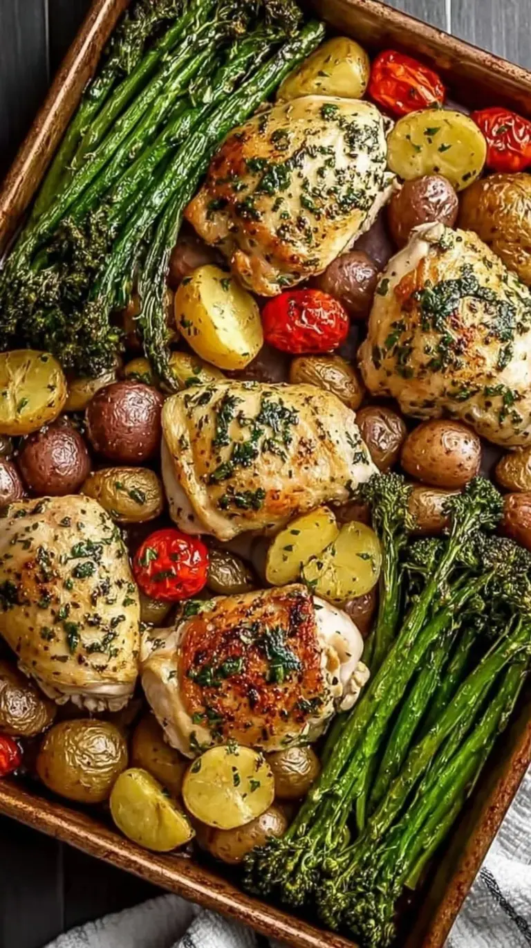 A colorful baking sheet with golden roasted chicken cubes, baby potatoes, and green broccoli florets drizzled in garlic butter.
