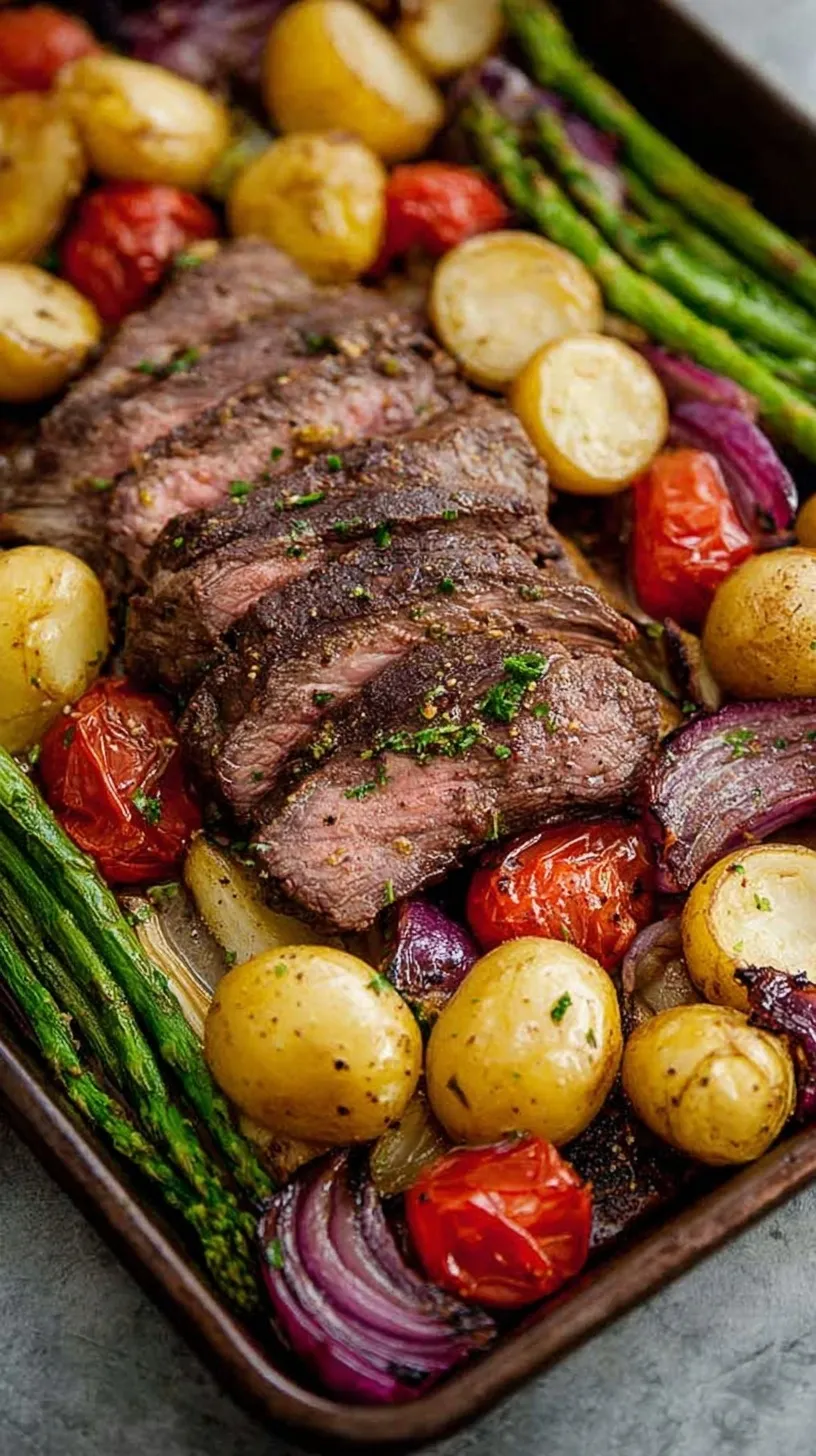 A colorful sheet pan filled with sliced flank steak, roasted broccoli, and red bell peppers.