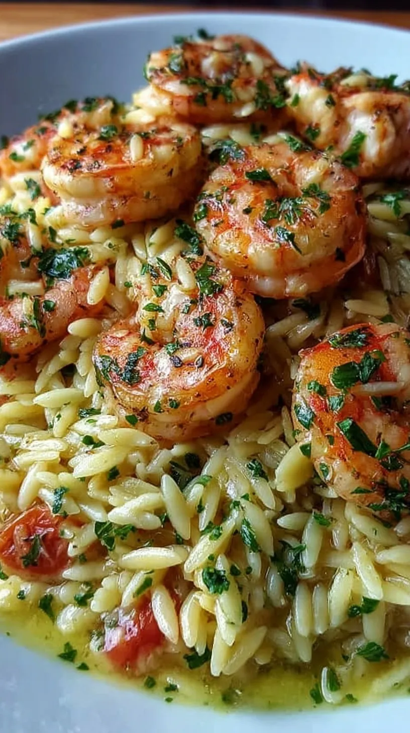 A skillet of golden shrimp and tender orzo pasta in a lemon garlic butter sauce topped with fresh parsley and parmesan.