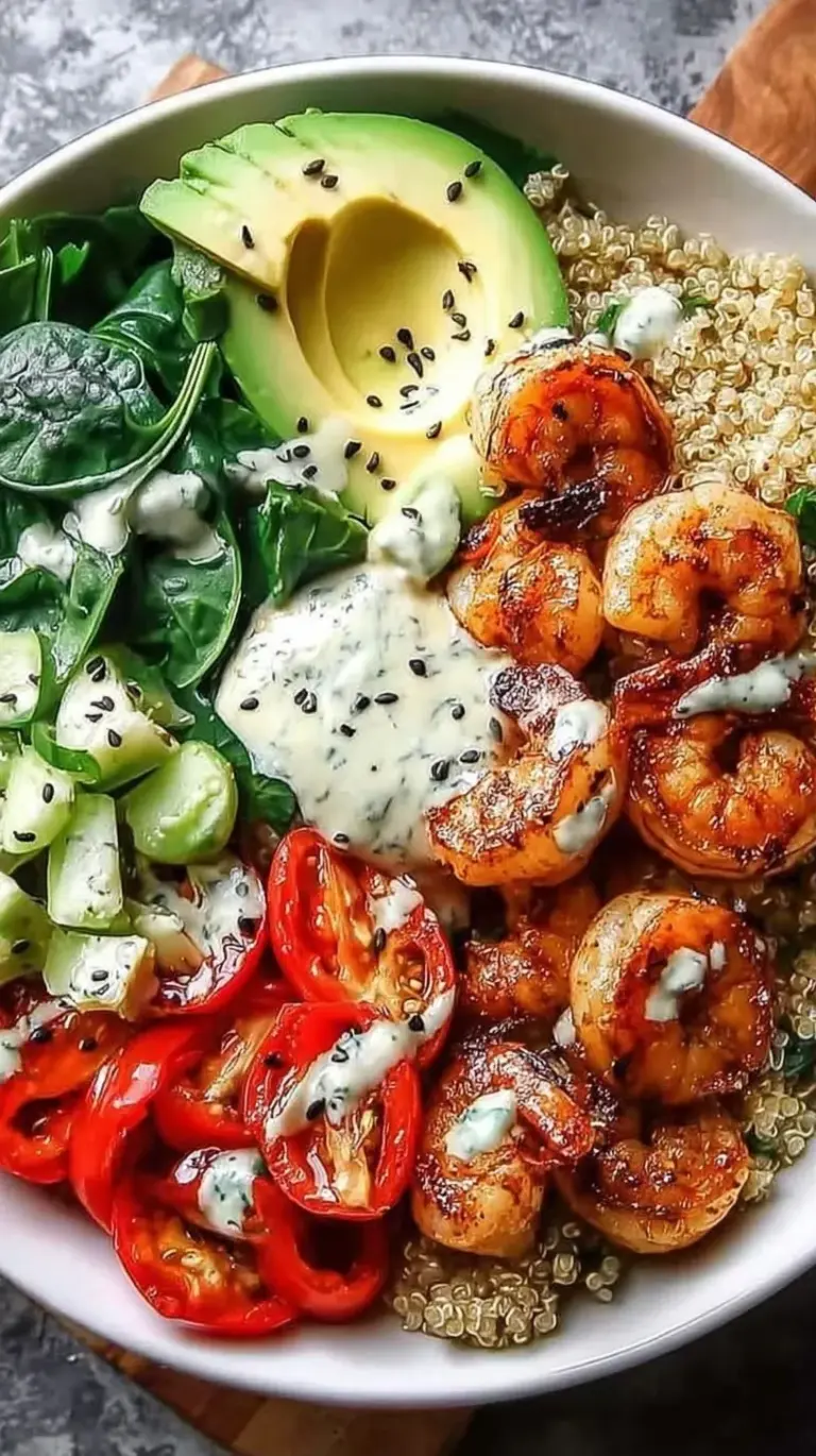 A colorful shrimp quinoa bowl topped with garlic-sauteed shrimp, avocado slices, and fresh vegetables.