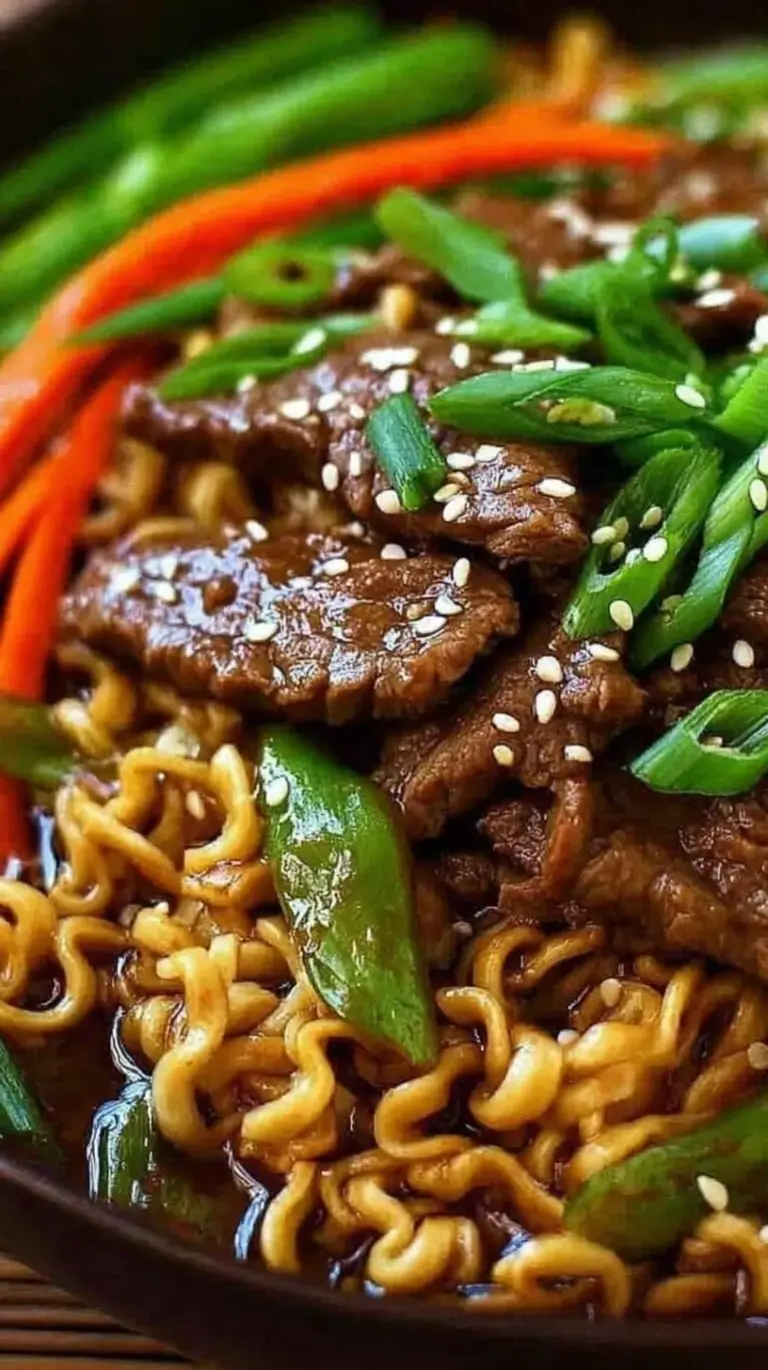 A bowl of Slow Cooker Beef Ramen with shredded beef, green onions, and fresh spinach in a dark savory broth.