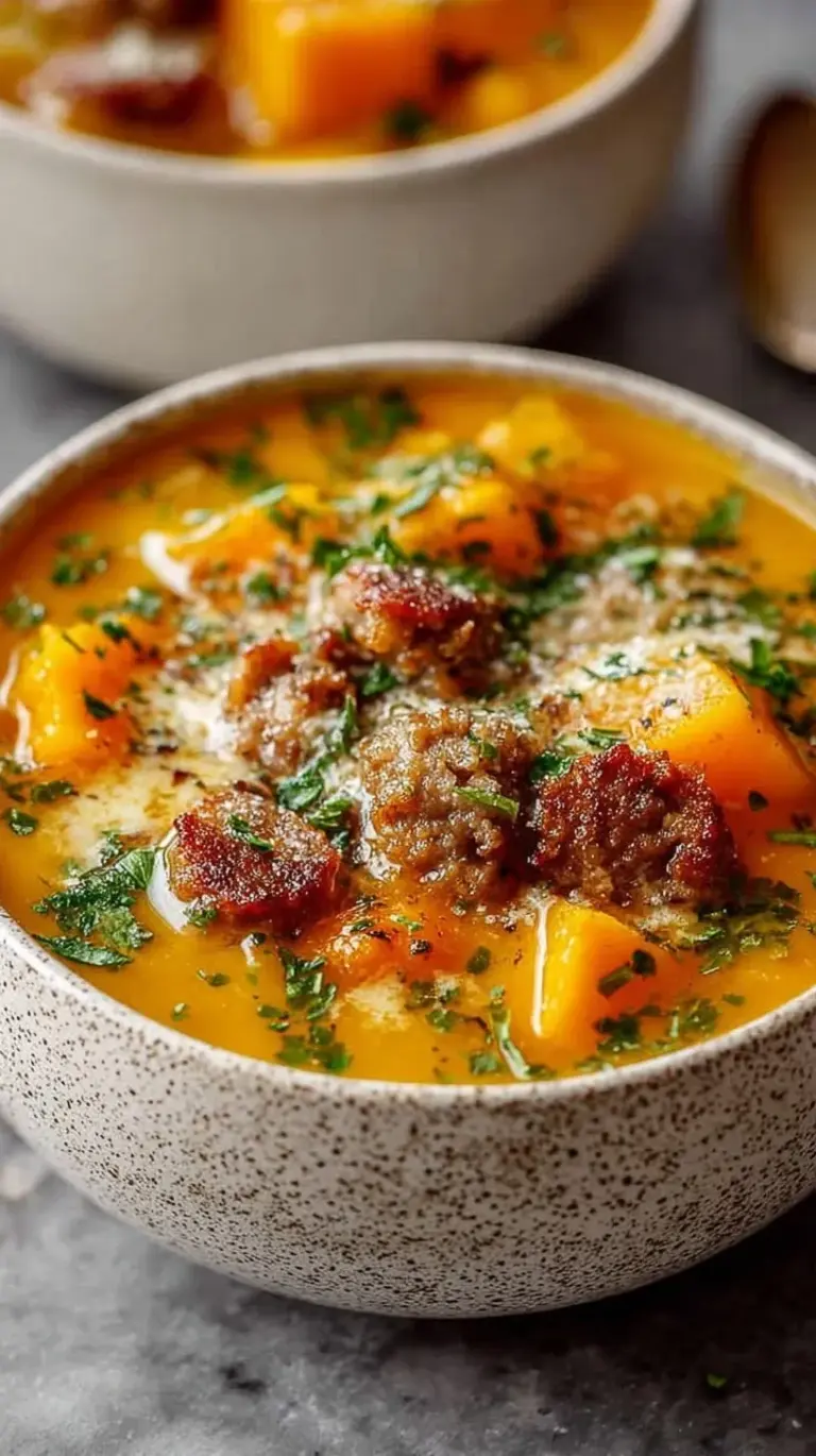 A vibrant bowl of creamy butternut squash soup topped with browned turkey sausage and a swirl of Greek yogurt.