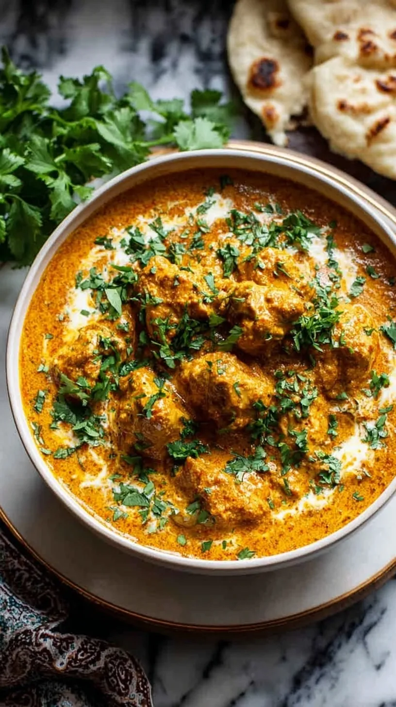 A bowl of creamy golden chicken korma garnished with cilantro and flaked almonds