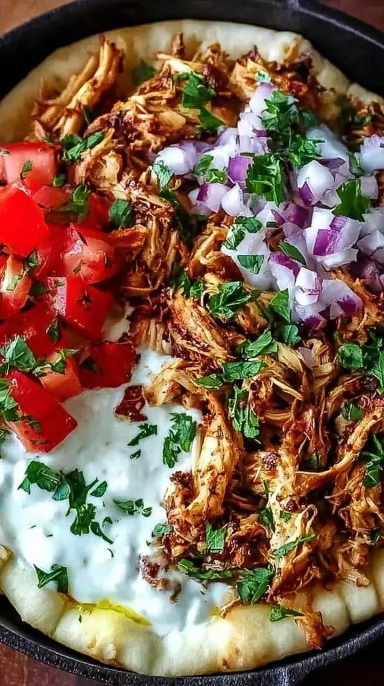 Shredded slow cooker chicken shawarma with red onions and vibrant yellow spices in a crockpot