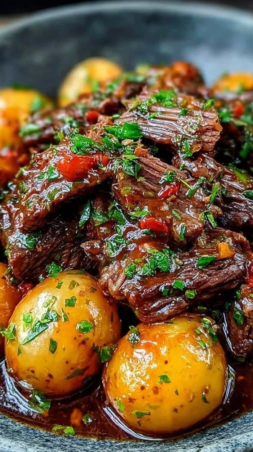 Tender cubes of beef and halved yellow potatoes coated in garlic butter sauce in a slow cooker garnished with parsley.