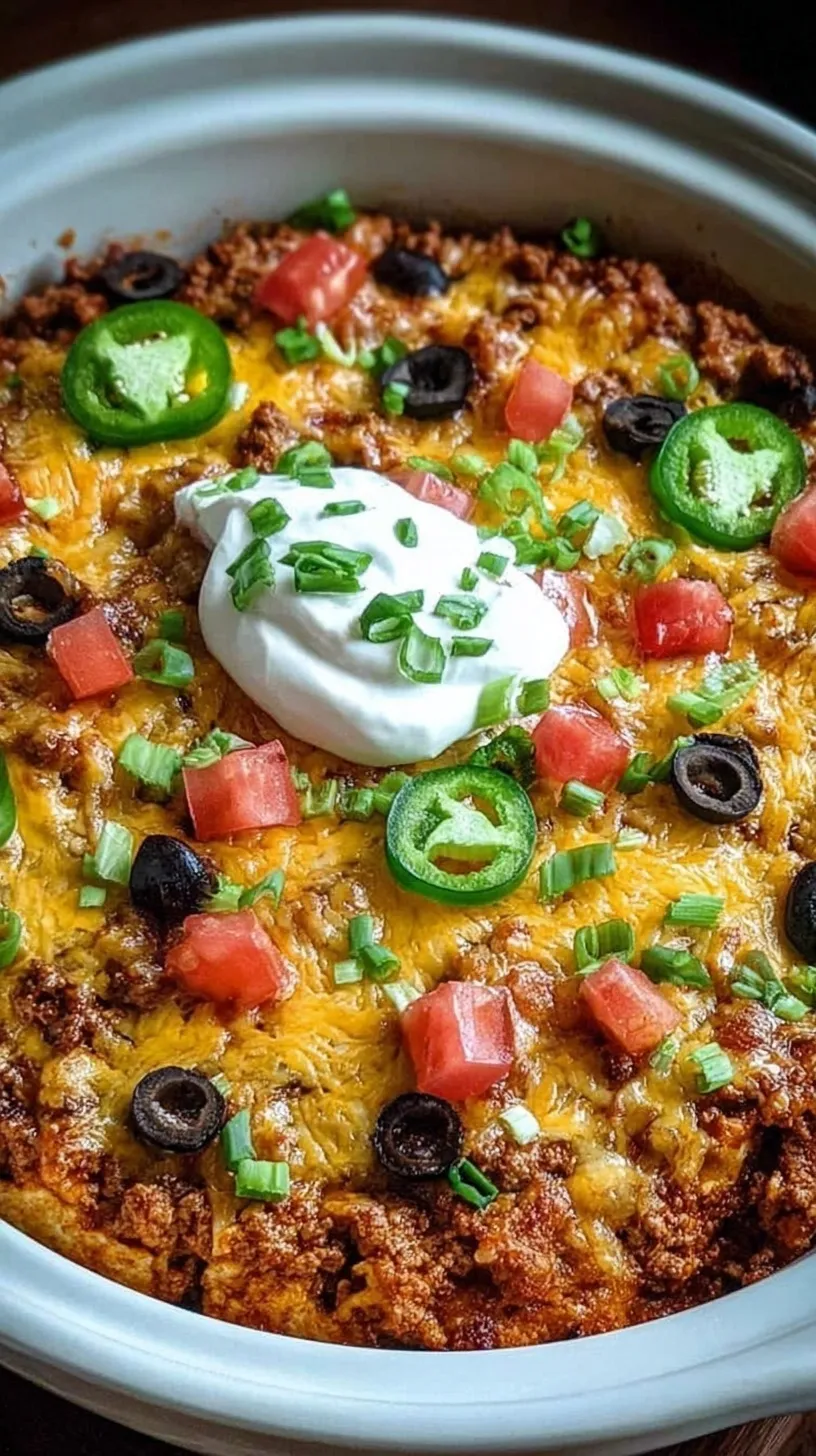 A layered slow cooker taco casserole with melted cheese, black olives, and corn tortillas.