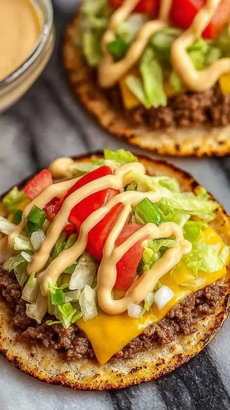 Crispy smash burger tacos topped with lettuce, onions, and sauce on a wooden board