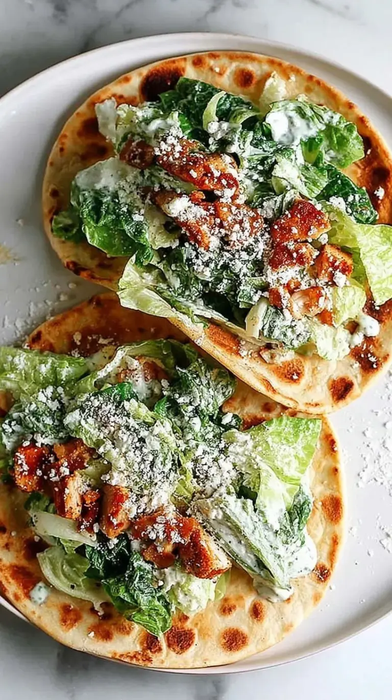 Crispy smashed chicken tacos topped with fresh Caesar salad and parmesan cheese