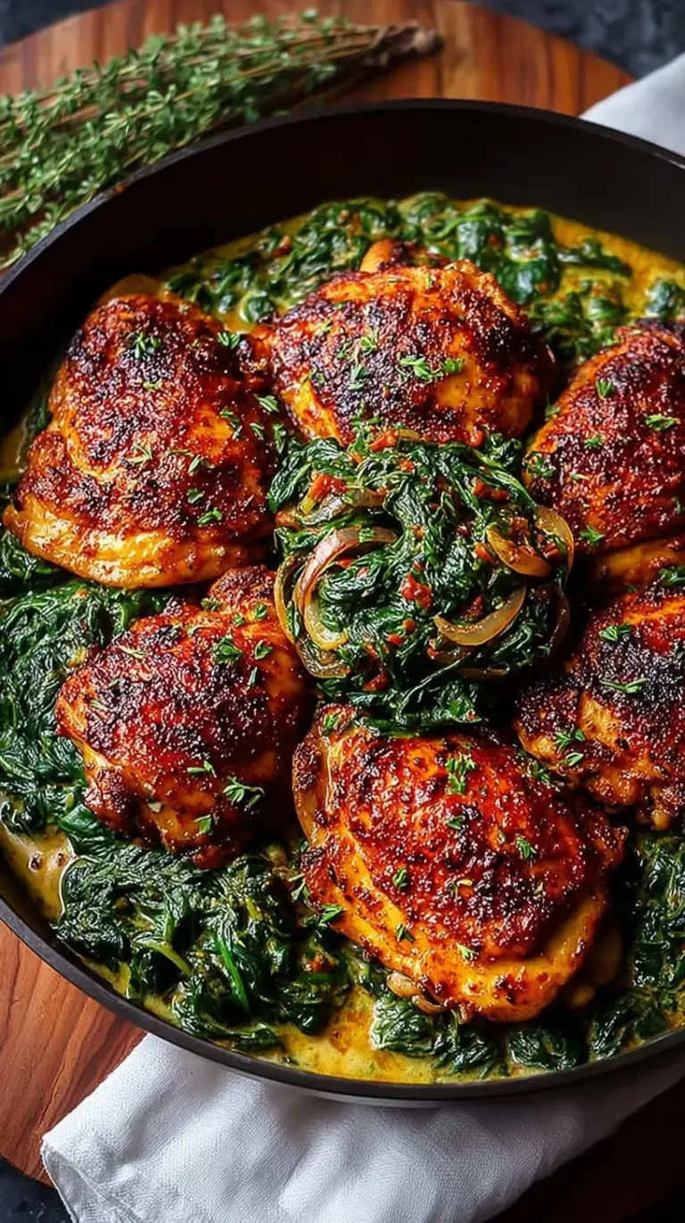 Golden brown smoked paprika chicken thighs served over a bed of vibrant green creamed spinach.