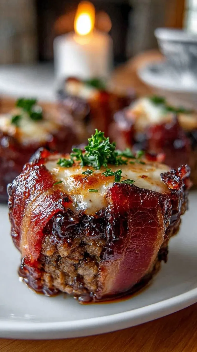 Bacon-wrapped meatloaf cupcakes topped with a glossy bourbon BBQ glaze in a muffin tin.