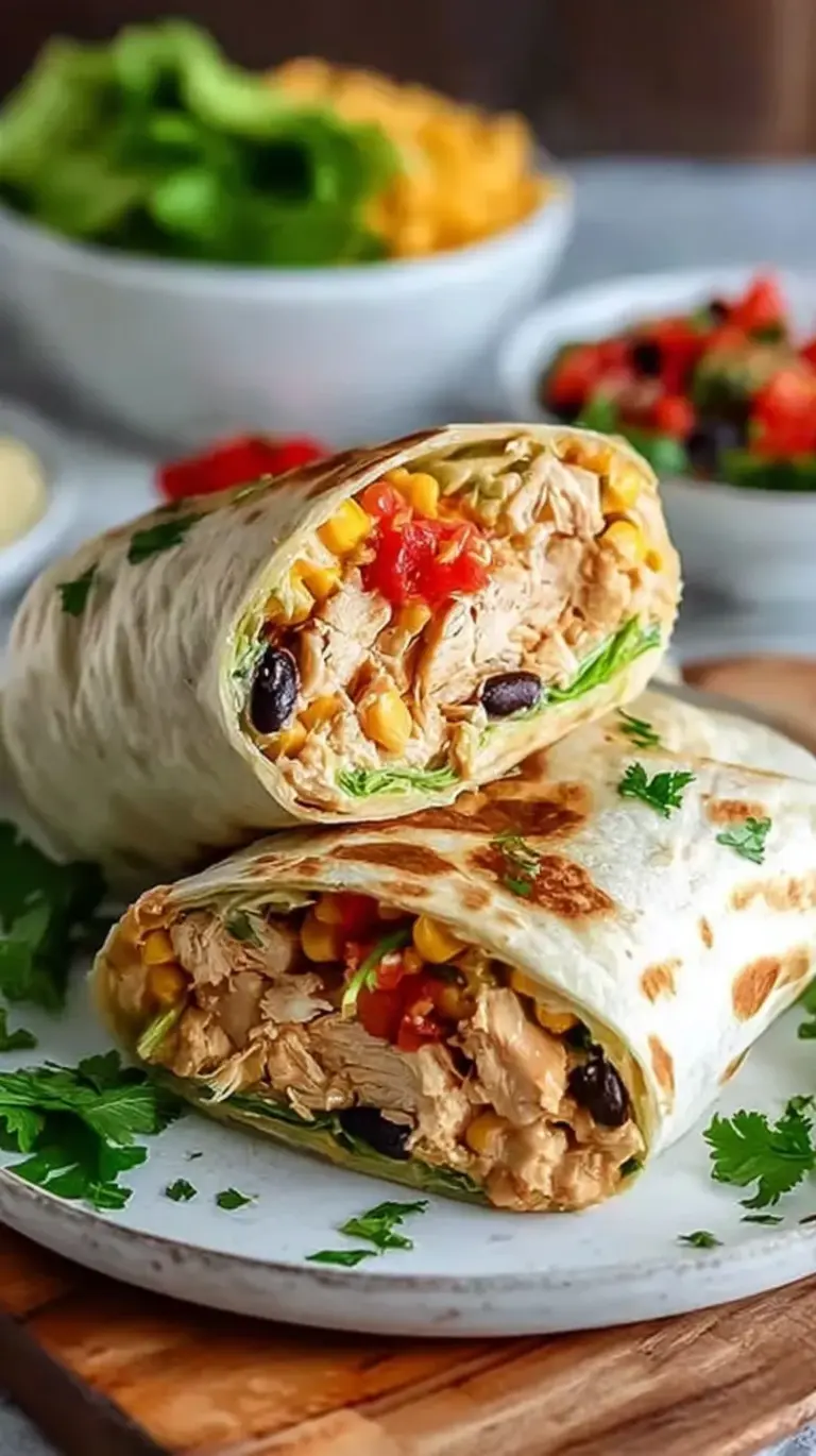 Two Southwest Chicken Wraps sliced diagonally showing chicken, beans, corn, and creamy sauce inside a flour tortilla.