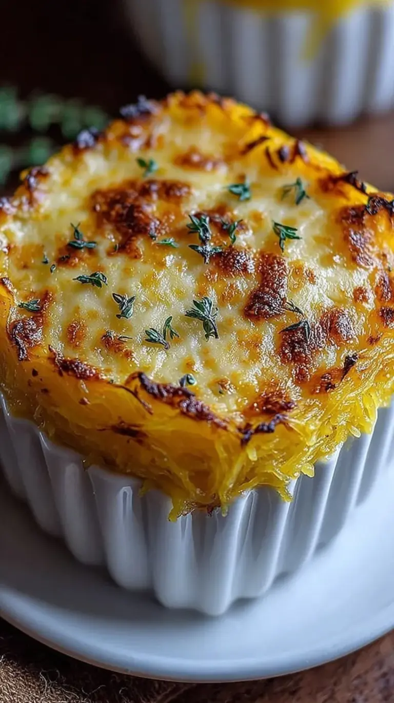 A golden brown Spaghetti Squash Au Gratin in a white baking dish with melted Gruyere cheese and fresh thyme.