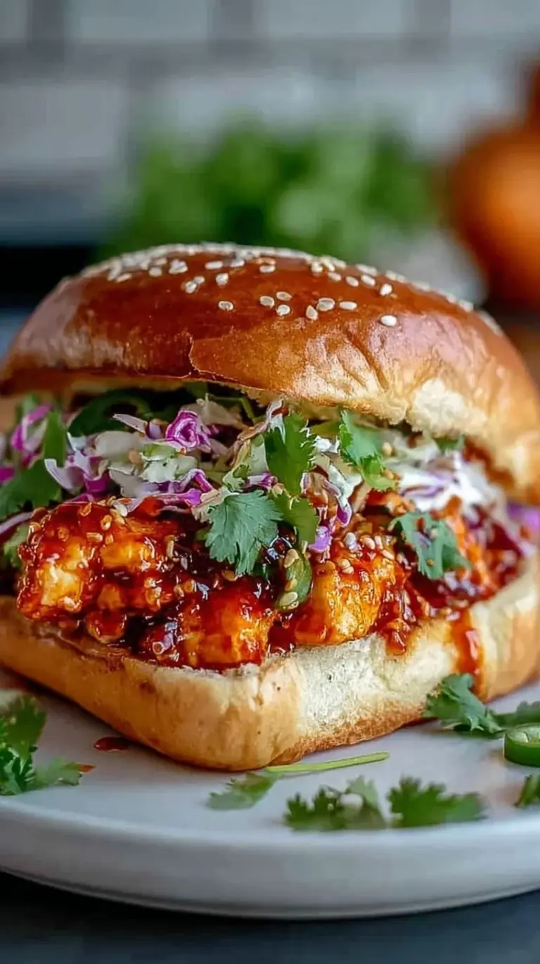A crispy fried chicken sandwich on a toasted brioche bun with spicy orange sauce and pickles.