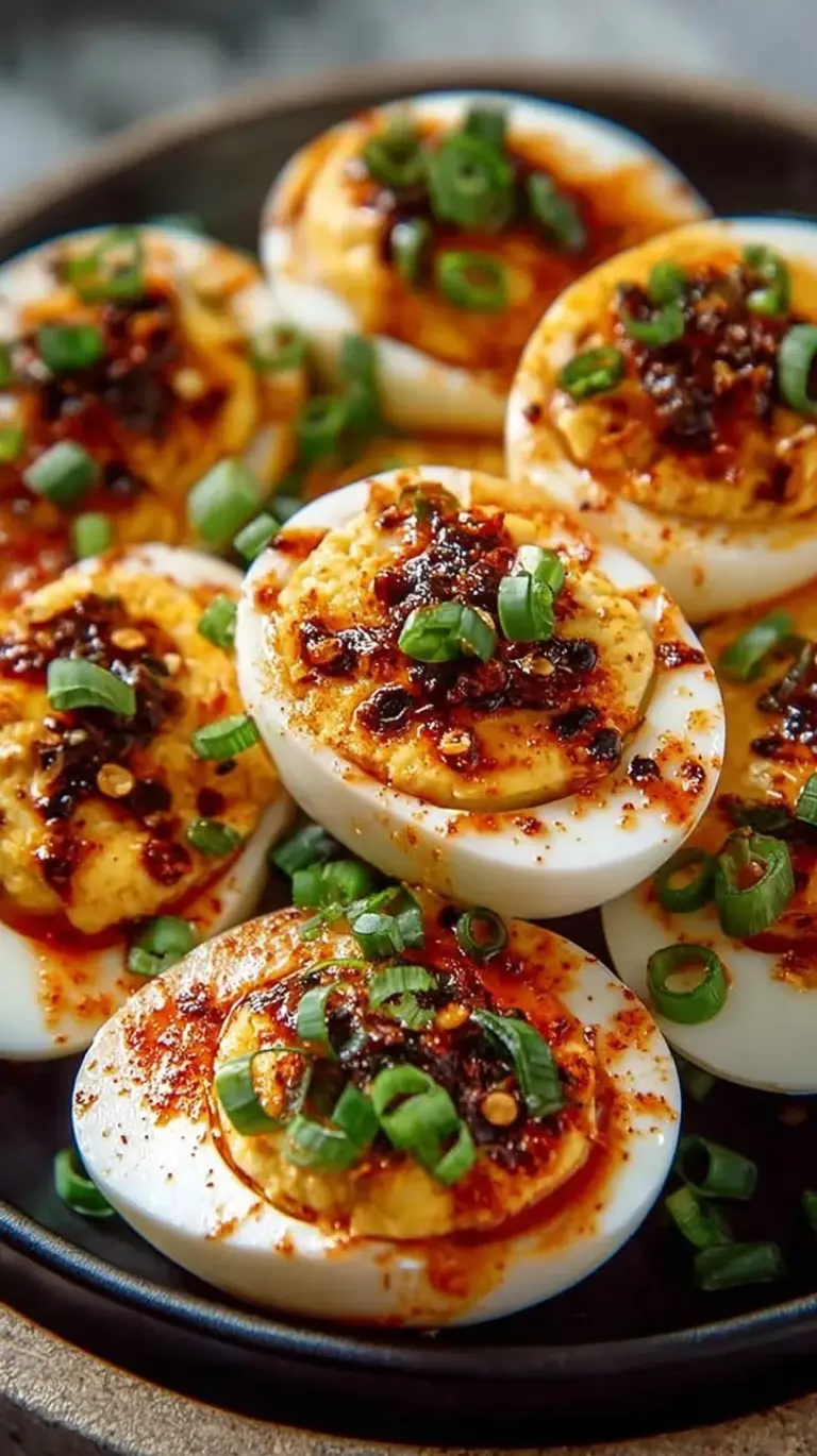 Platter of spicy chili garlic deviled eggs topped with scallions and crispy garlic