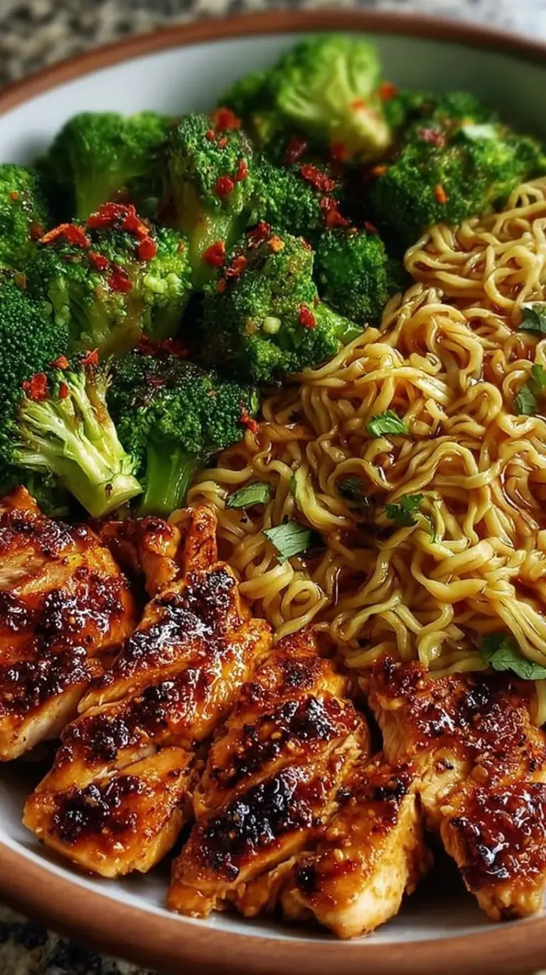 A steaming bowl of Spicy Garlic Noodle Bowls with chicken, broccoli, and green onion garnish.