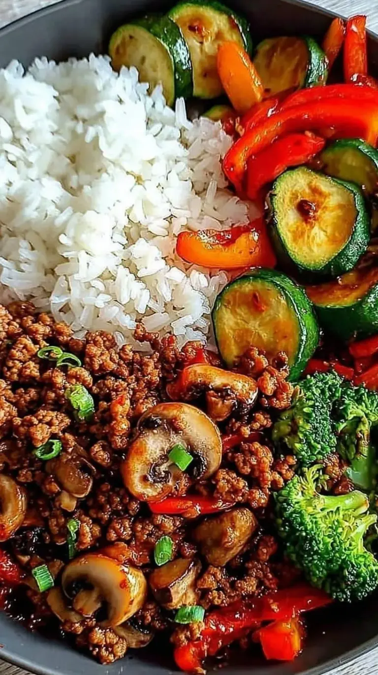 A colorful bowl of spicy ground beef stir fry with broccoli and red peppers over white rice.