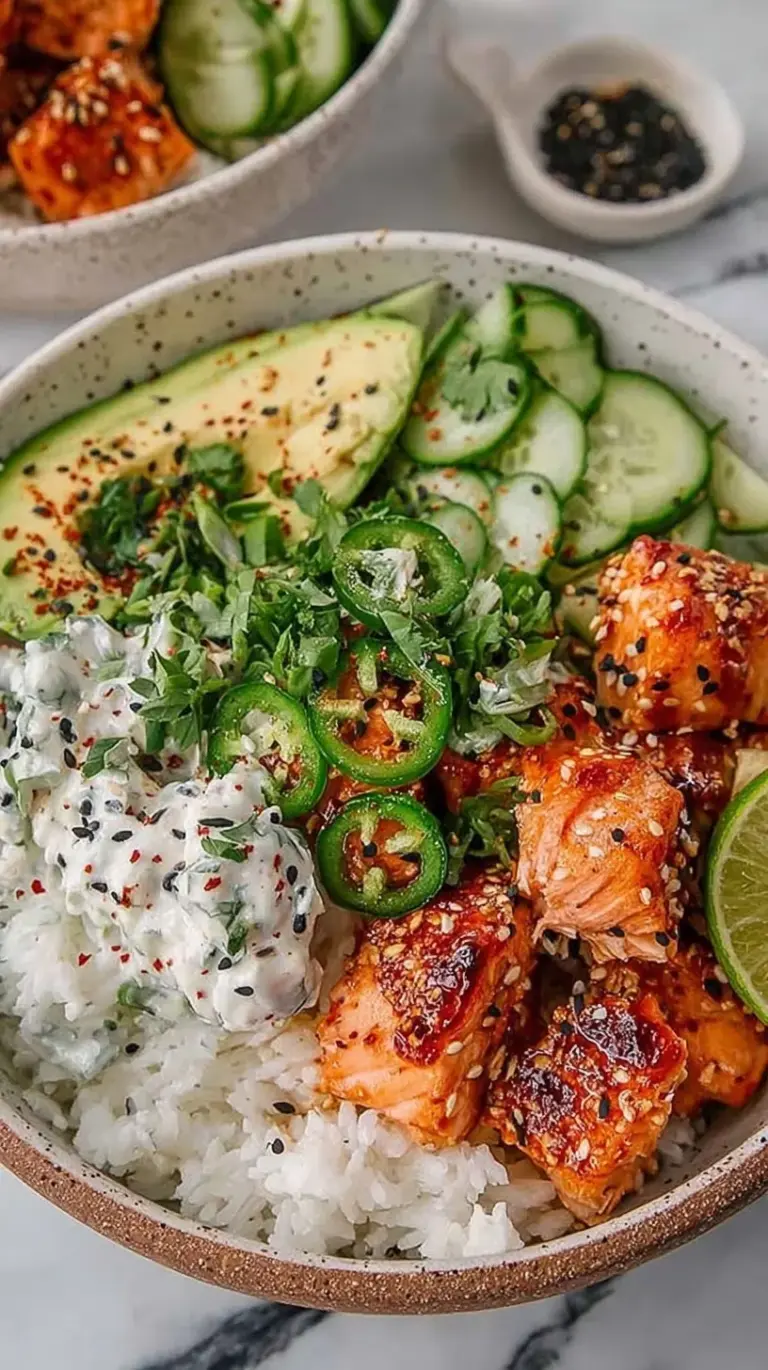 A vibrant Spicy Salmon Bowl with glazed salmon, creamy coconut rice, sliced avocado, and fresh cucumbers.