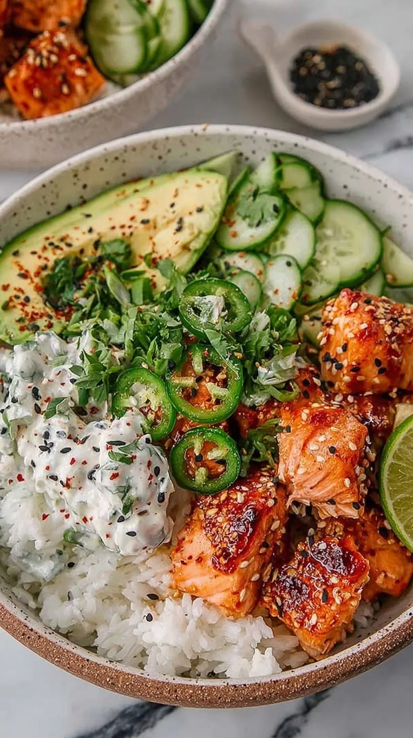 A vibrant Spicy Salmon Bowl with glazed salmon, creamy coconut rice, sliced avocado, and fresh cucumbers.