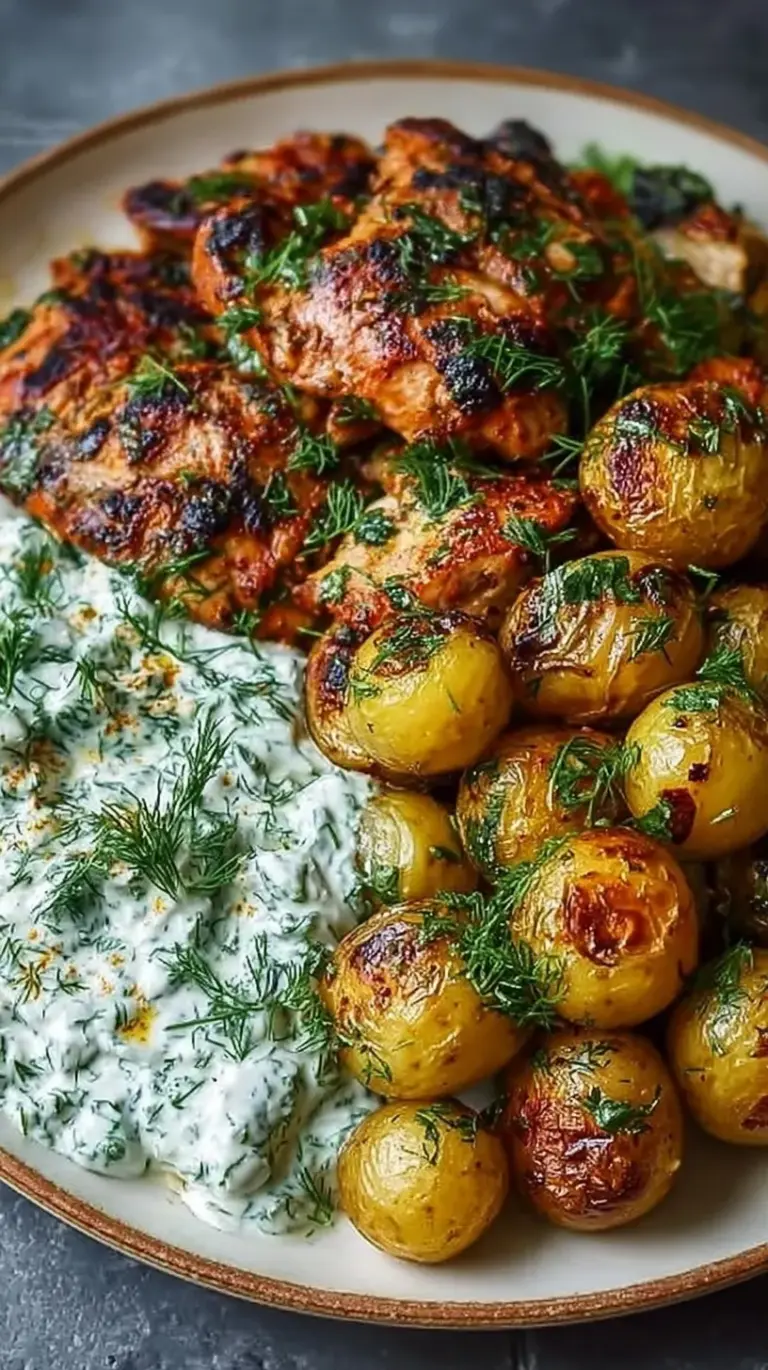 Golden seared spicy yogurt chicken served with crispy roasted baby potatoes and a dollop of green dill feta cream.
