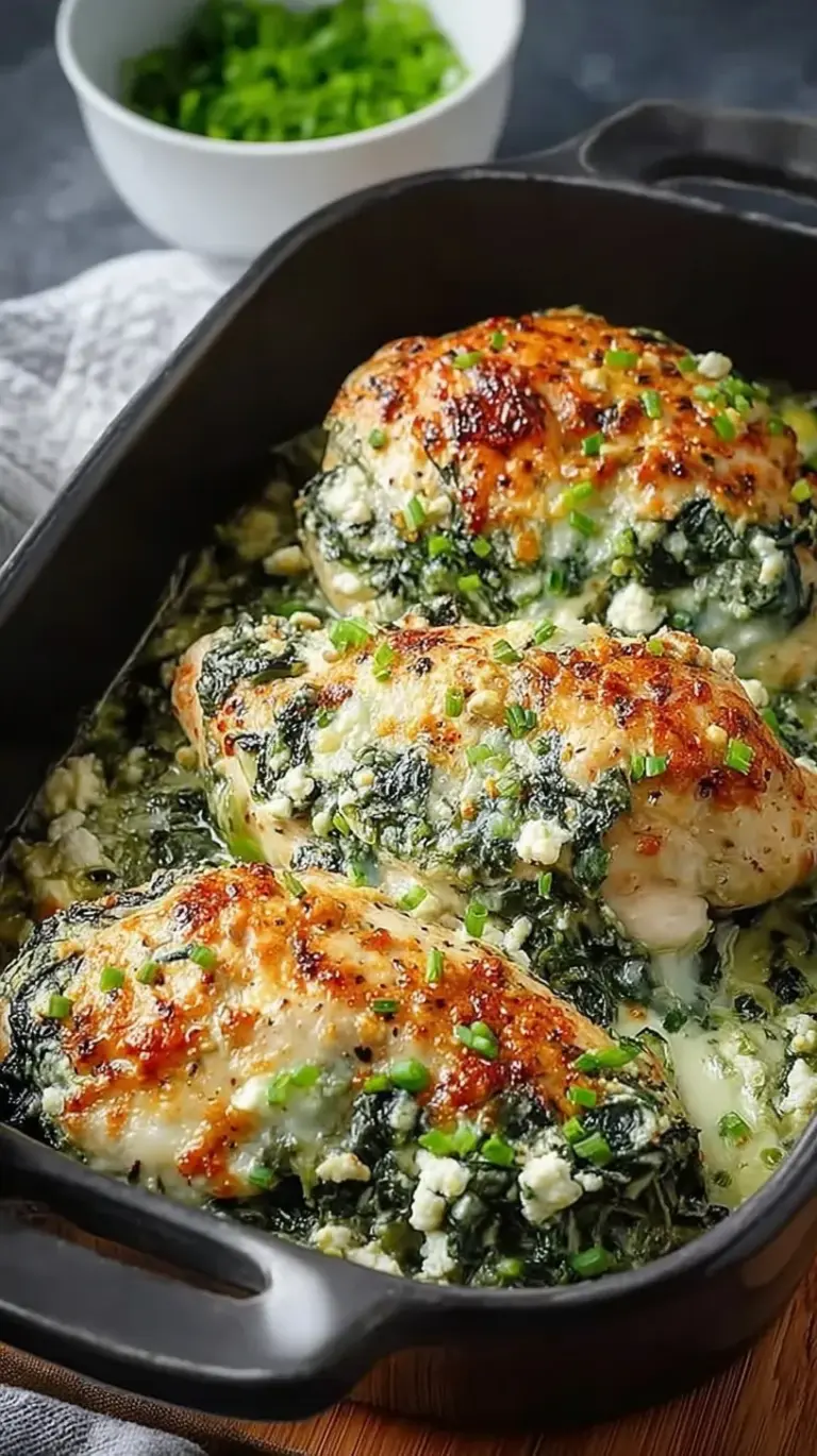 Golden baked chicken breasts stuffed with green spinach and white feta cheese in a glass baking dish.