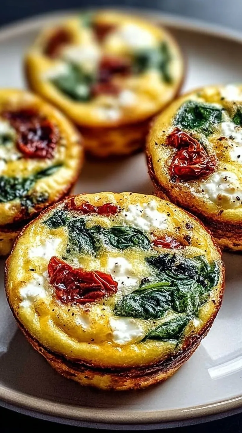 A tray of golden-brown Mediterranean egg muffins with green spinach and red sun-dried tomatoes