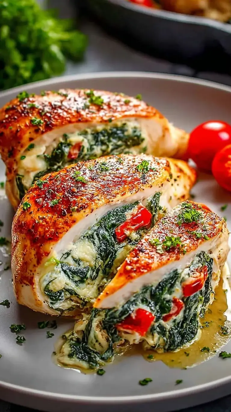 A golden-brown seared chicken breast sliced open to reveal a creamy spinach and cheese filling.
