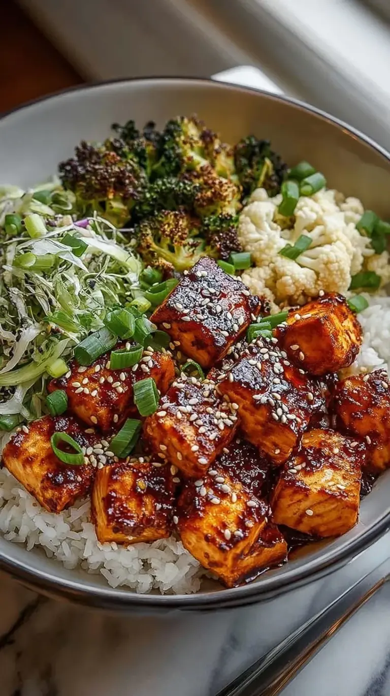 Two colorful bowls filled with glazed salmon, green edamame, sliced cucumber, and creamy avocado over rice.