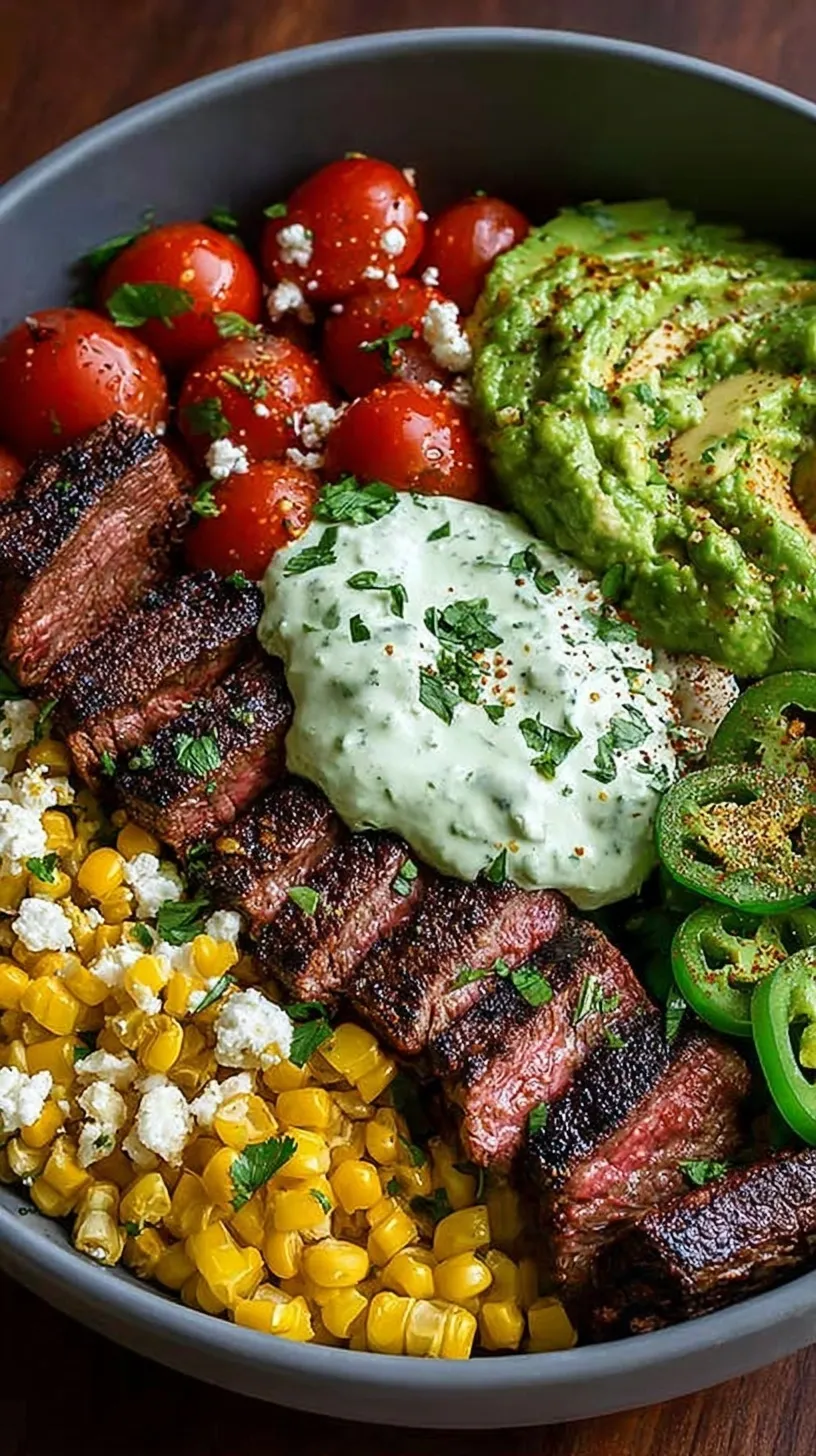 A colorful steak and avocado bowl with charred corn, tomatoes, and cilantro cream sauce on a grain base.