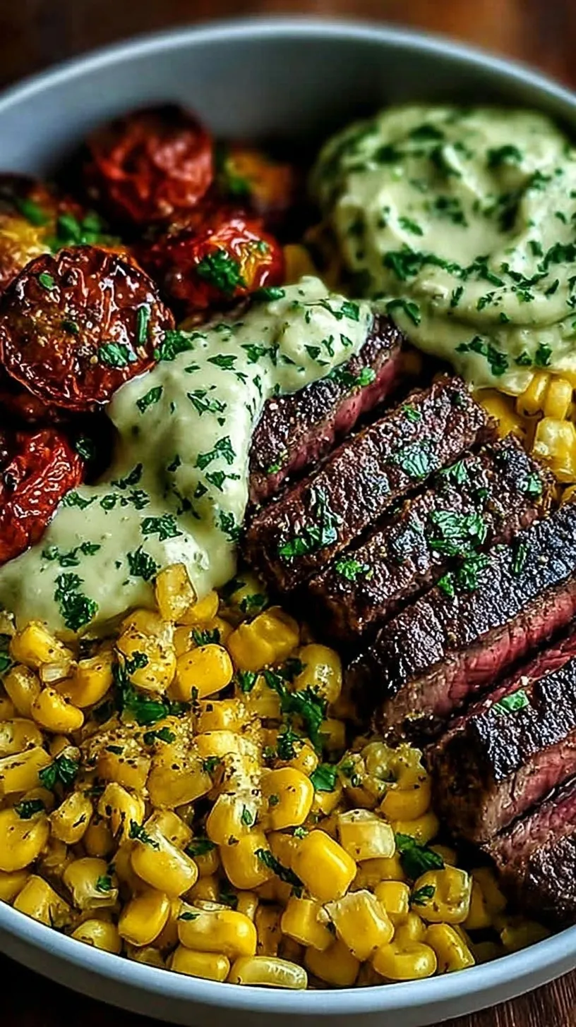 A vibrant Steak Avocado Corn Bowl with seared steak, charred corn, and sliced avocado over white rice.