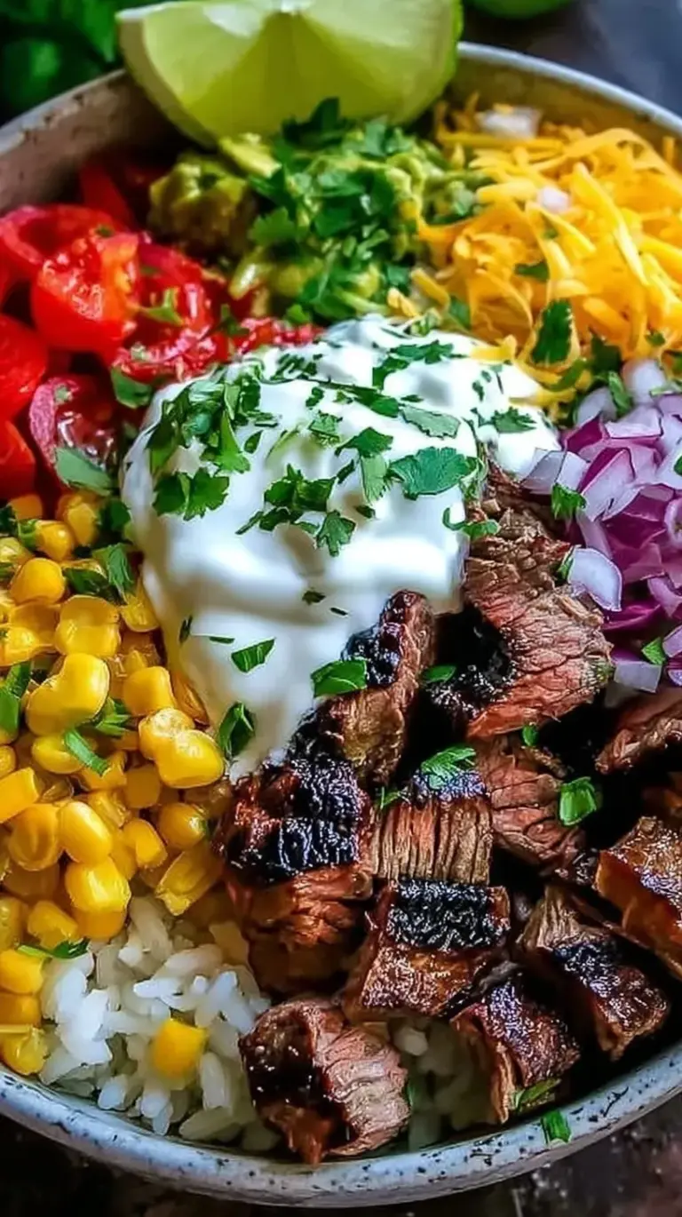 A colorful Steak Burrito Bowl with seared flank steak, cilantro lime rice, black beans, corn, and avocado.