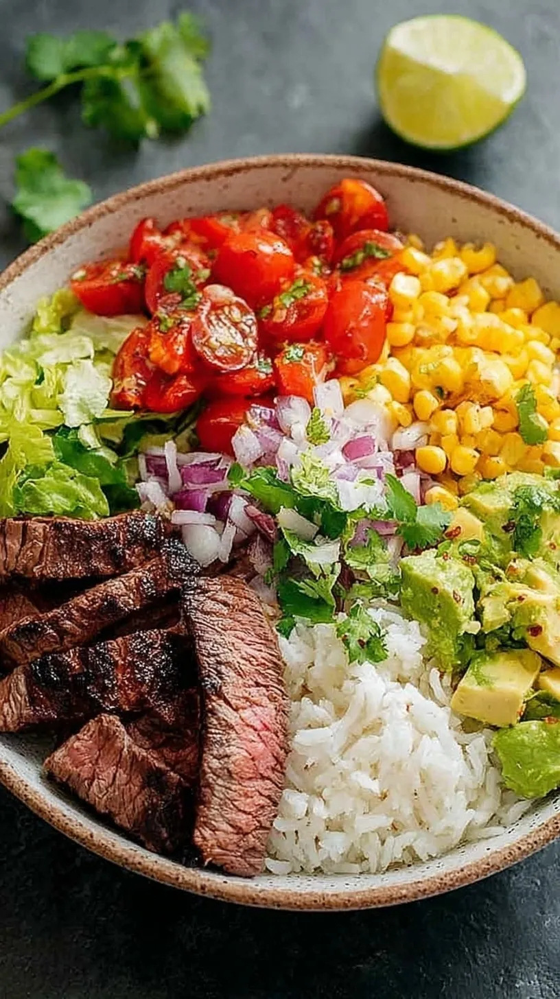 A colorful steak burrito bowl with cilantro lime rice, corn salsa, and guacamole.