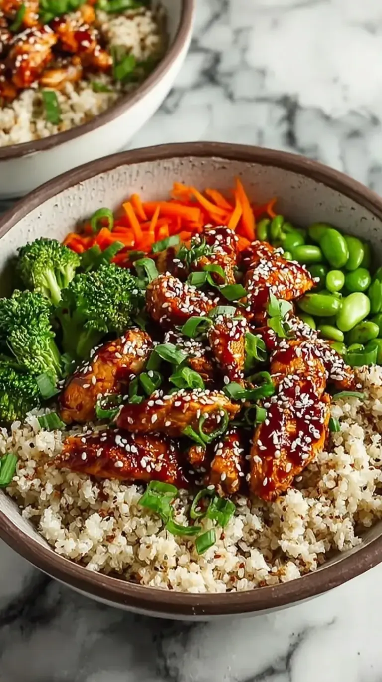 A vibrant bowl of sticky glazed chicken with broccoli over white rice