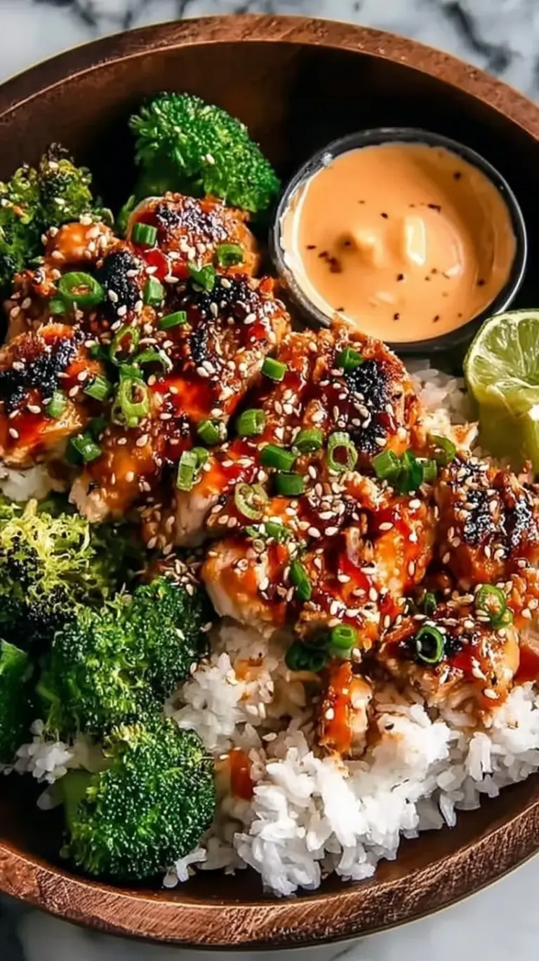 A vibrant bowl of sticky glazed chicken over white jasmine rice with sliced cucumbers and green onions