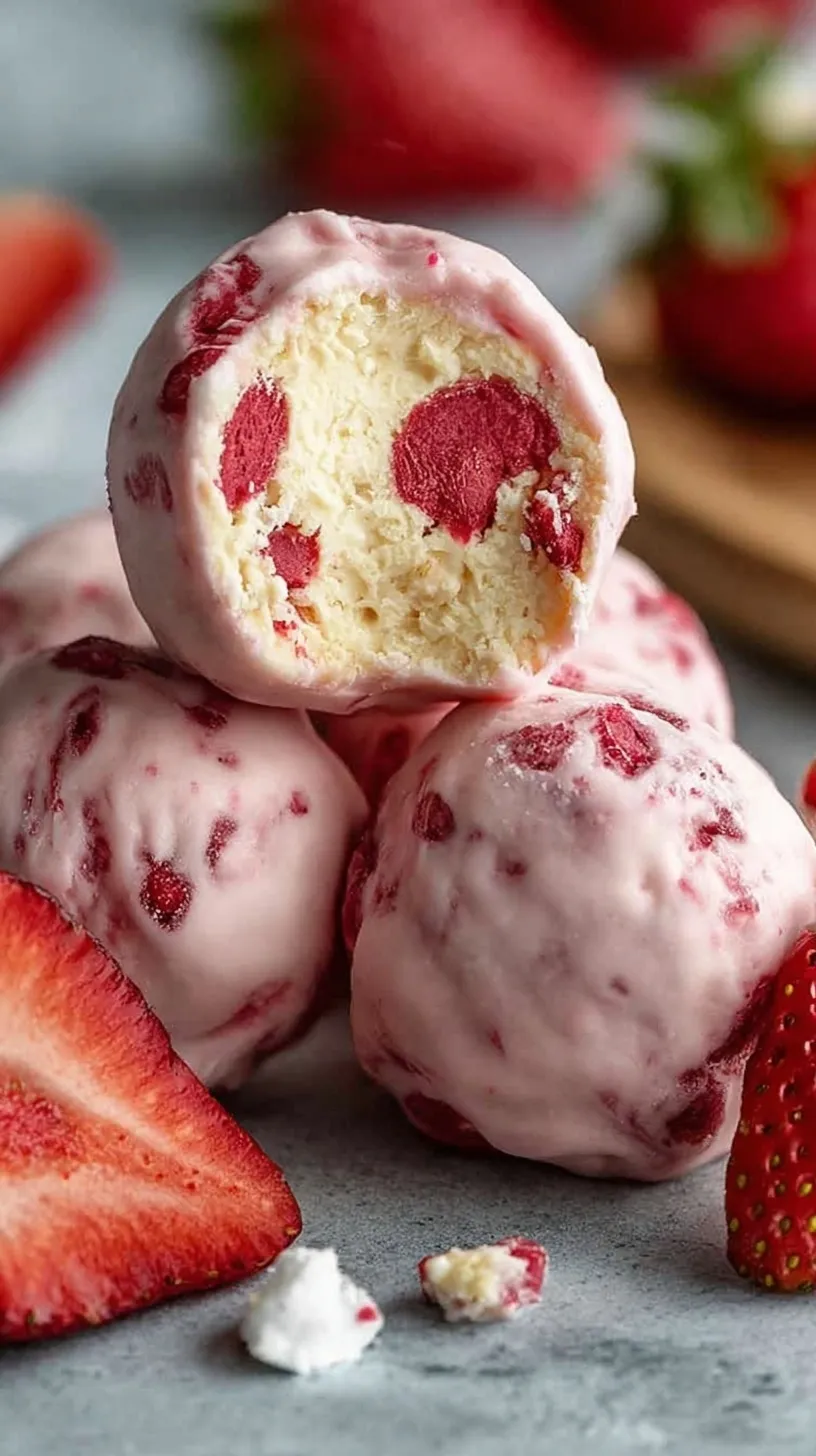A plate of pink strawberry cheesecake protein balls on a white surface with fresh strawberries.