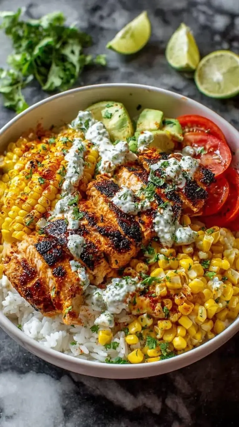 A colorful Street Corn Chicken Bowl with charred corn and cotija cheese over white rice