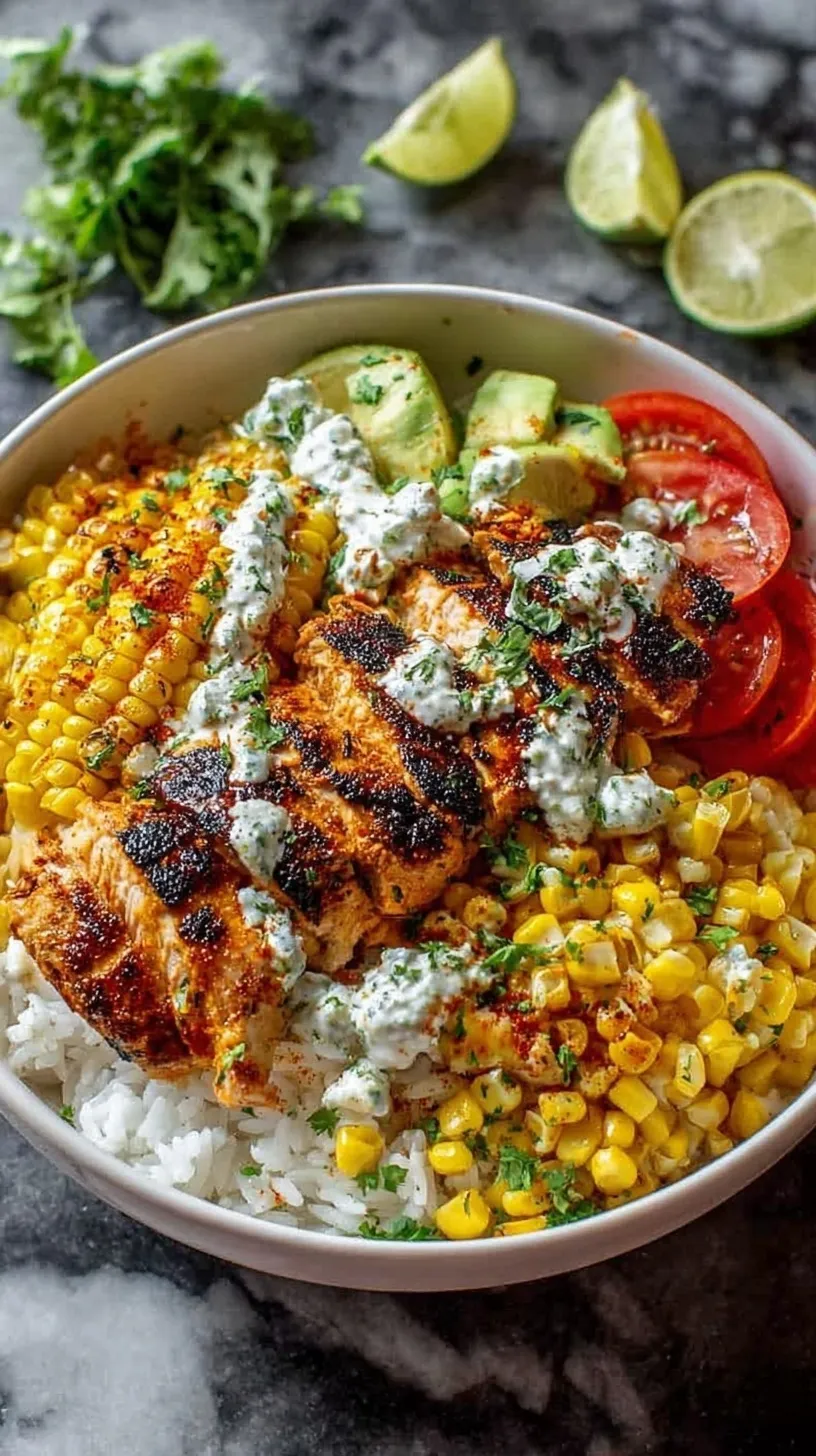 A colorful Street Corn Chicken Bowl with charred corn and cotija cheese over white rice