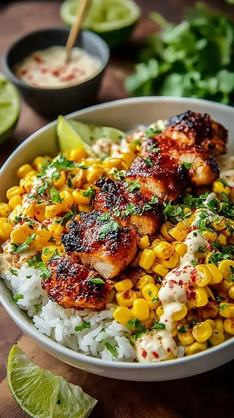 A colorful bowl of Street Corn Chicken Rice Bowls with charred corn, spiced chicken, and cilantro.