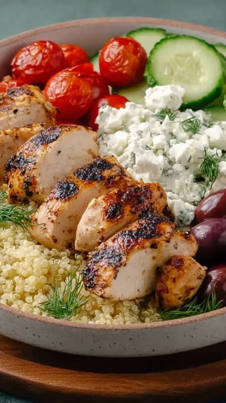Colorful Greek Chicken Bowls with lemony quinoa, feta, olives, and fresh vegetables in white bowls.