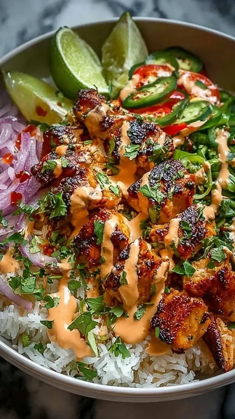 A colorful sweet chili chicken bowl with julienned carrots, cucumbers, and red peppers over white rice with coconut drizzle.
